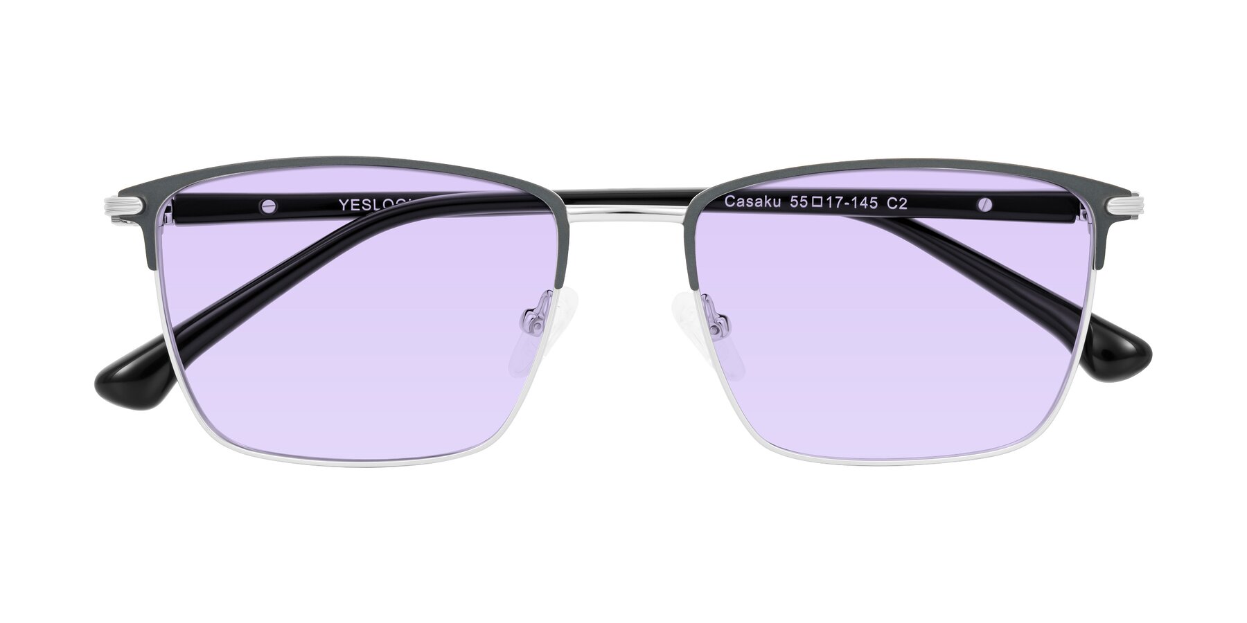Folded Front of Casaku in Dark Gray/Silver with Light Purple Tinted Lenses