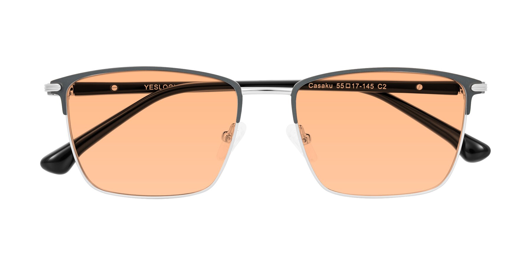 Folded Front of Casaku in Dark Gray/Silver with Light Orange Tinted Lenses