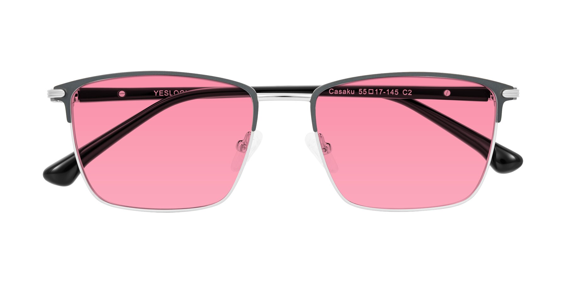 Folded Front of Casaku in Dark Gray/Silver with Pink Tinted Lenses