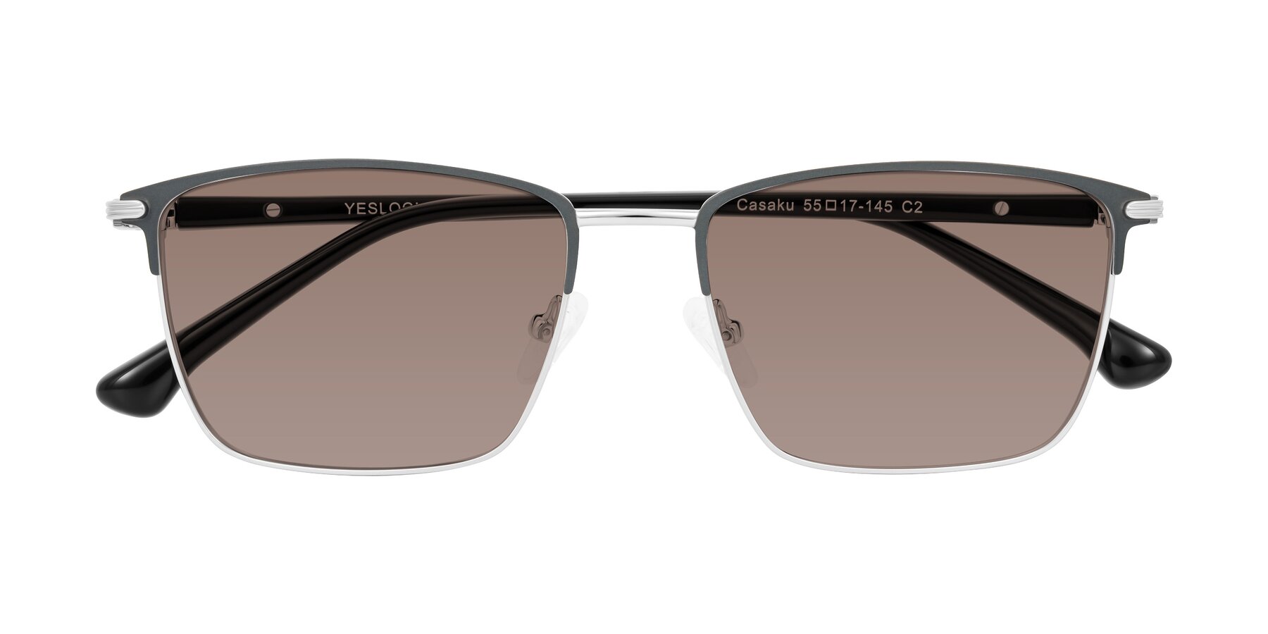 Folded Front of Casaku in Dark Gray/Silver with Medium Brown Tinted Lenses