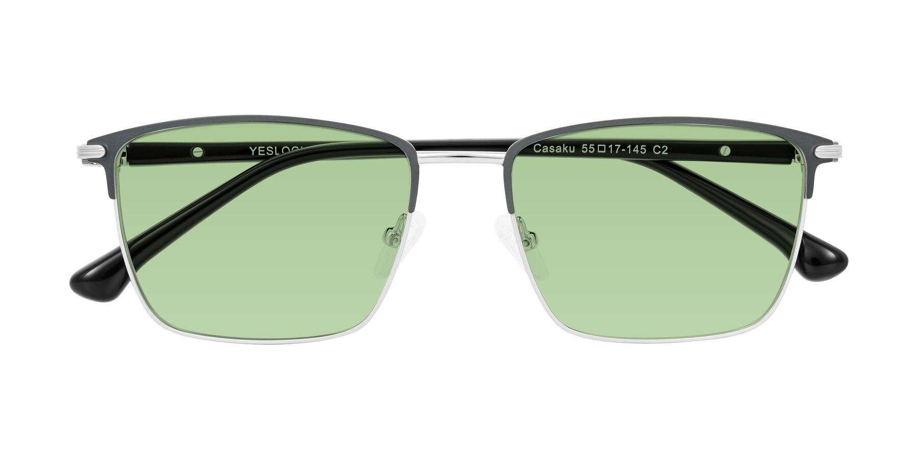 Folded Front of Casaku in Dark Gray/Silver with Medium Green Tinted Lenses