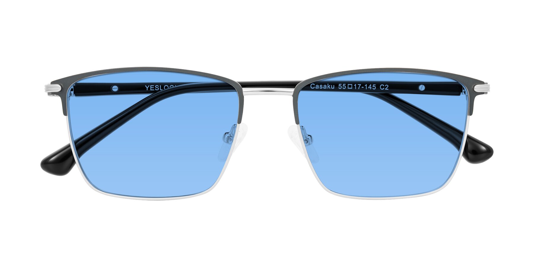 Folded Front of Casaku in Dark Gray/Silver with Medium Blue Tinted Lenses