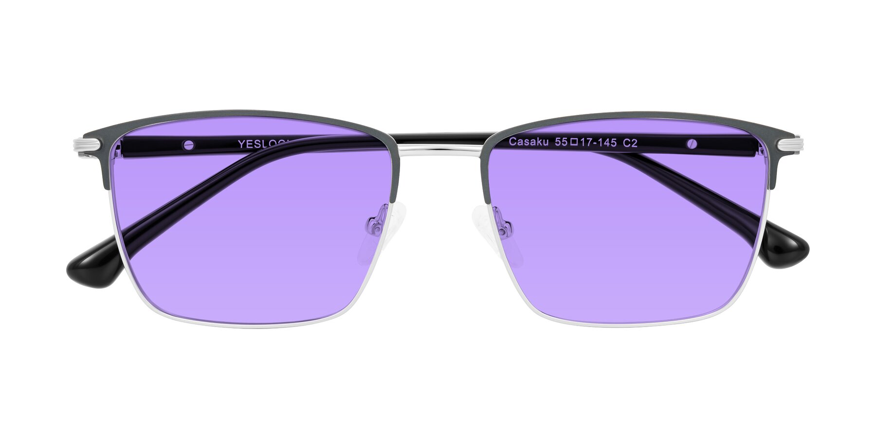Folded Front of Casaku in Dark Gray/Silver with Medium Purple Tinted Lenses