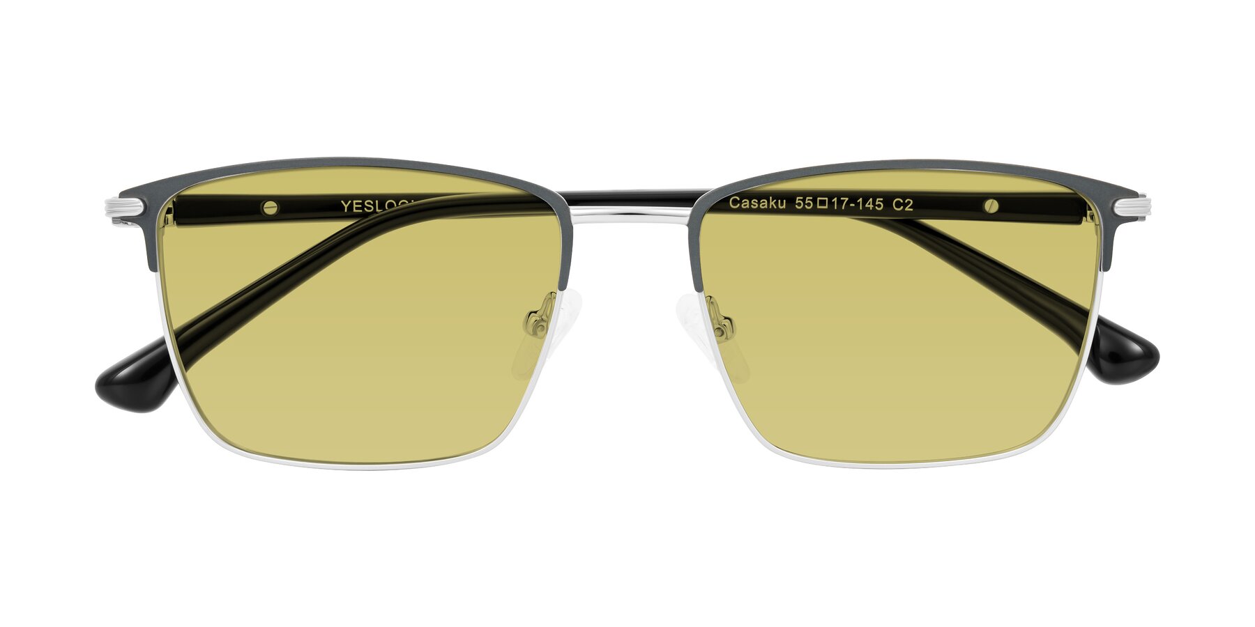 Folded Front of Casaku in Dark Gray/Silver with Medium Champagne Tinted Lenses