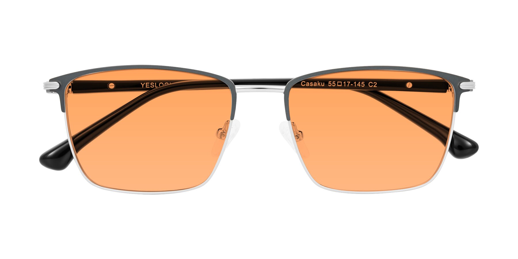 Folded Front of Casaku in Dark Gray/Silver with Medium Orange Tinted Lenses