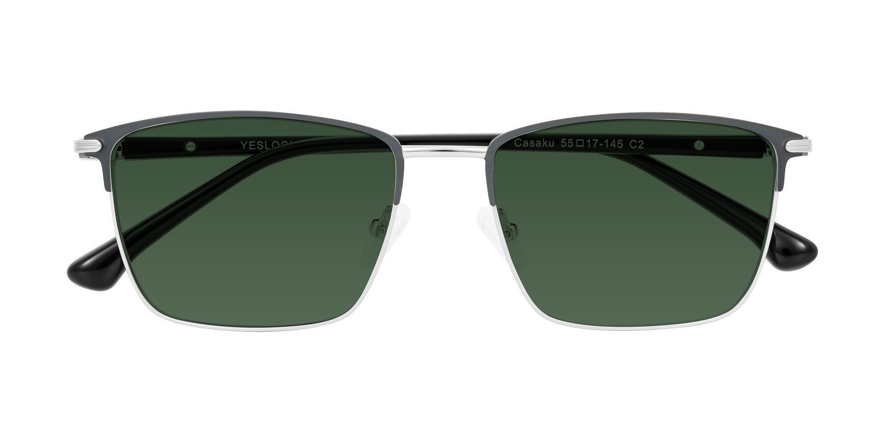 Folded Front of Casaku in Dark Gray/Silver with Green Tinted Lenses