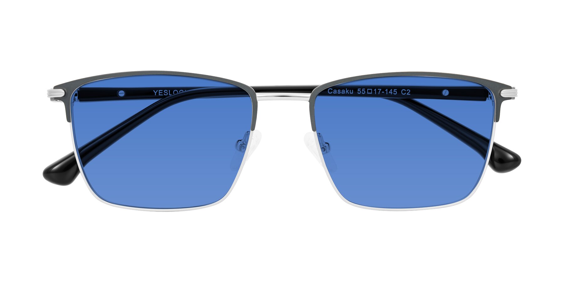 Folded Front of Casaku in Dark Gray/Silver with Blue Tinted Lenses