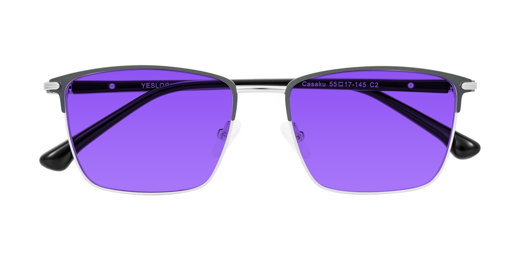 Folded Front of Casaku in Dark Gray/Silver with Purple Tinted Lenses