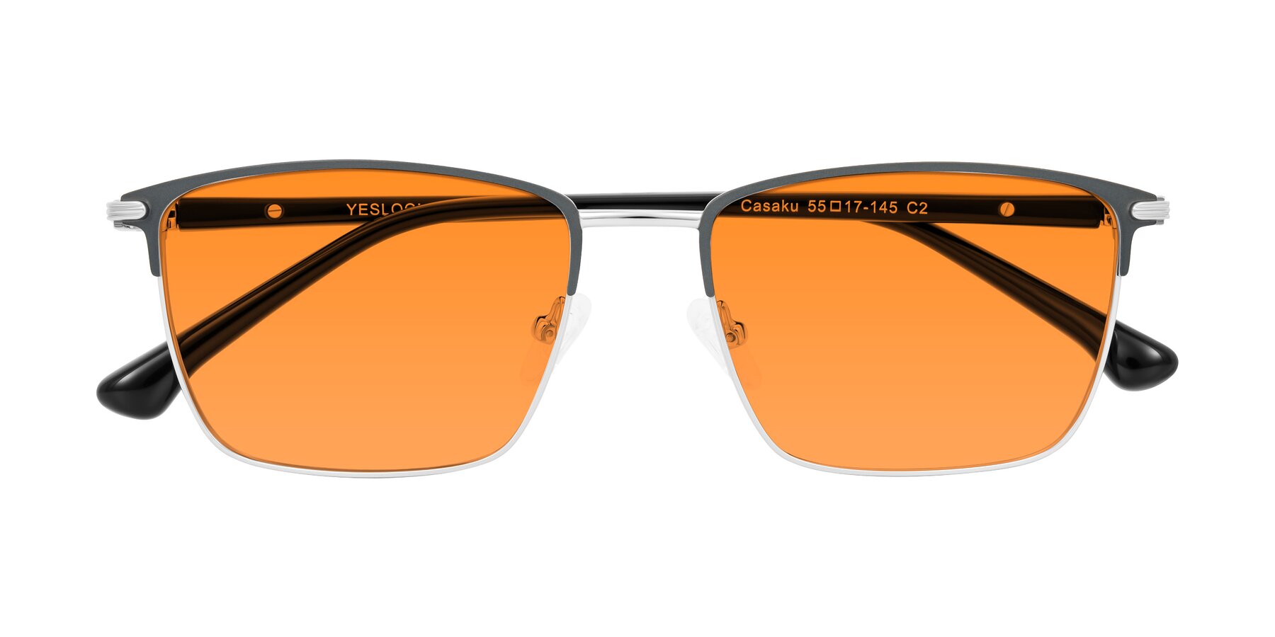 Folded Front of Casaku in Dark Gray/Silver with Orange Tinted Lenses