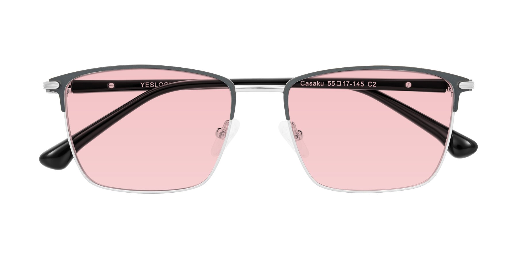 Folded Front of Casaku in Dark Gray/Silver with Light Garnet Tinted Lenses