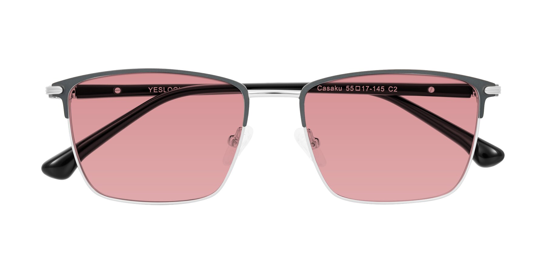 Folded Front of Casaku in Dark Gray/Silver with Medium Garnet Tinted Lenses