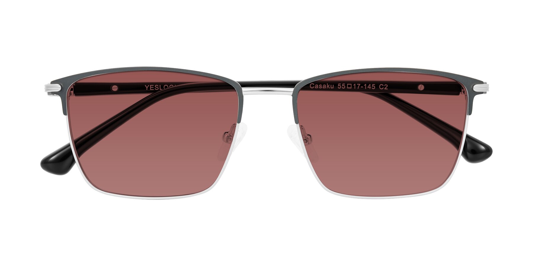 Folded Front of Casaku in Dark Gray/Silver with Garnet Tinted Lenses
