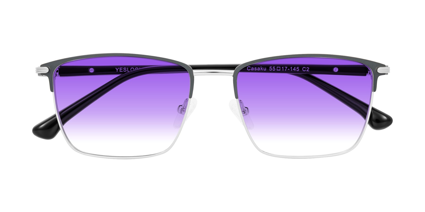 Folded Front of Casaku in Dark Gray/Silver with Purple Gradient Lenses