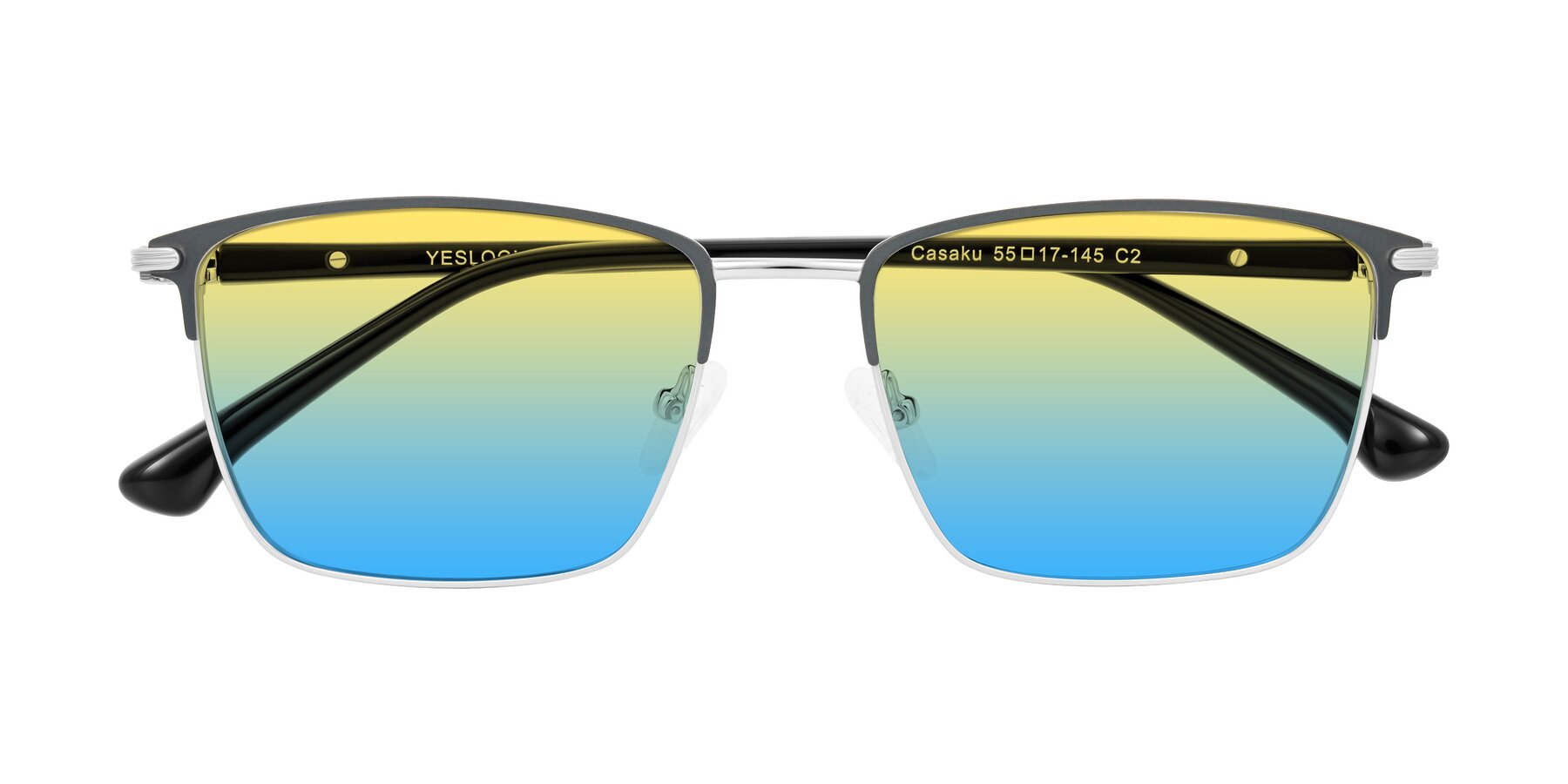 Folded Front of Casaku in Dark Gray/Silver with Yellow / Blue Gradient Lenses