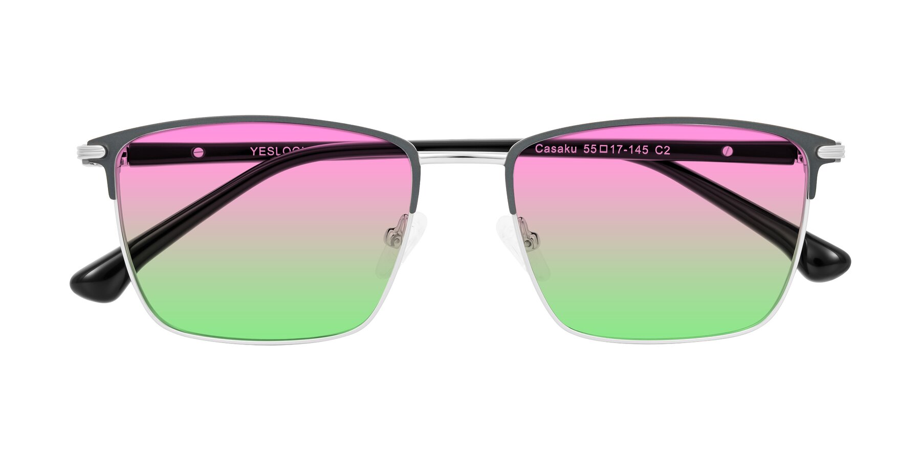 Folded Front of Casaku in Dark Gray/Silver with Pink / Green Gradient Lenses