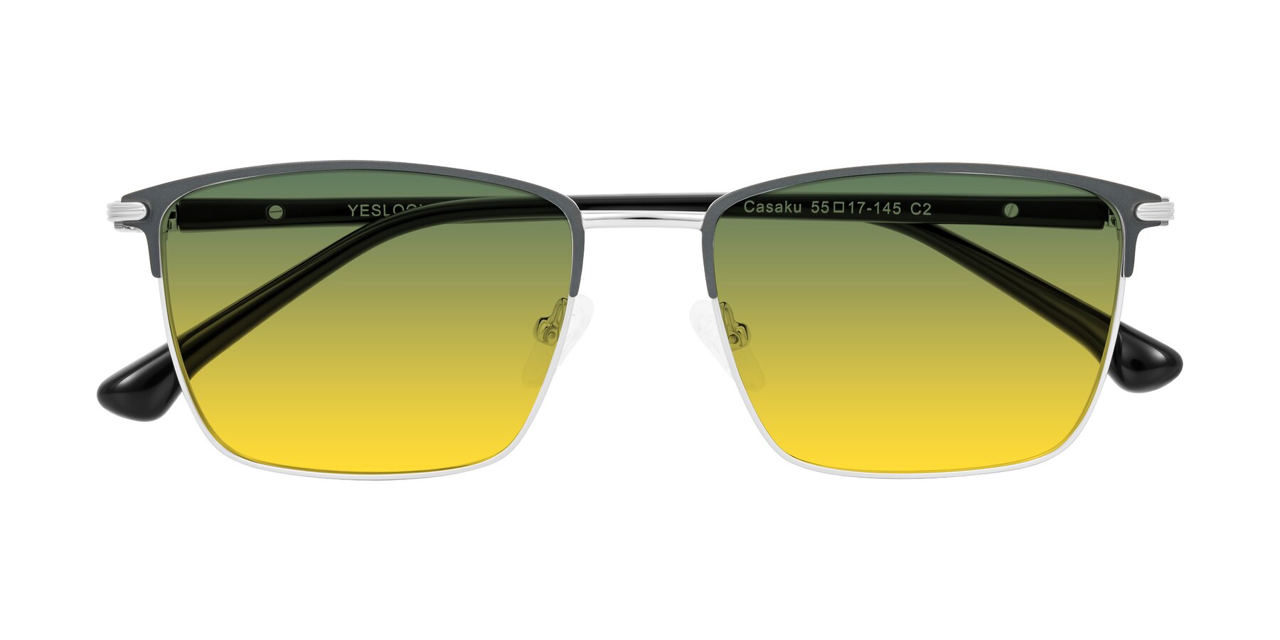 Folded Front of Casaku in Dark Gray/Silver with Green / Yellow Gradient Lenses