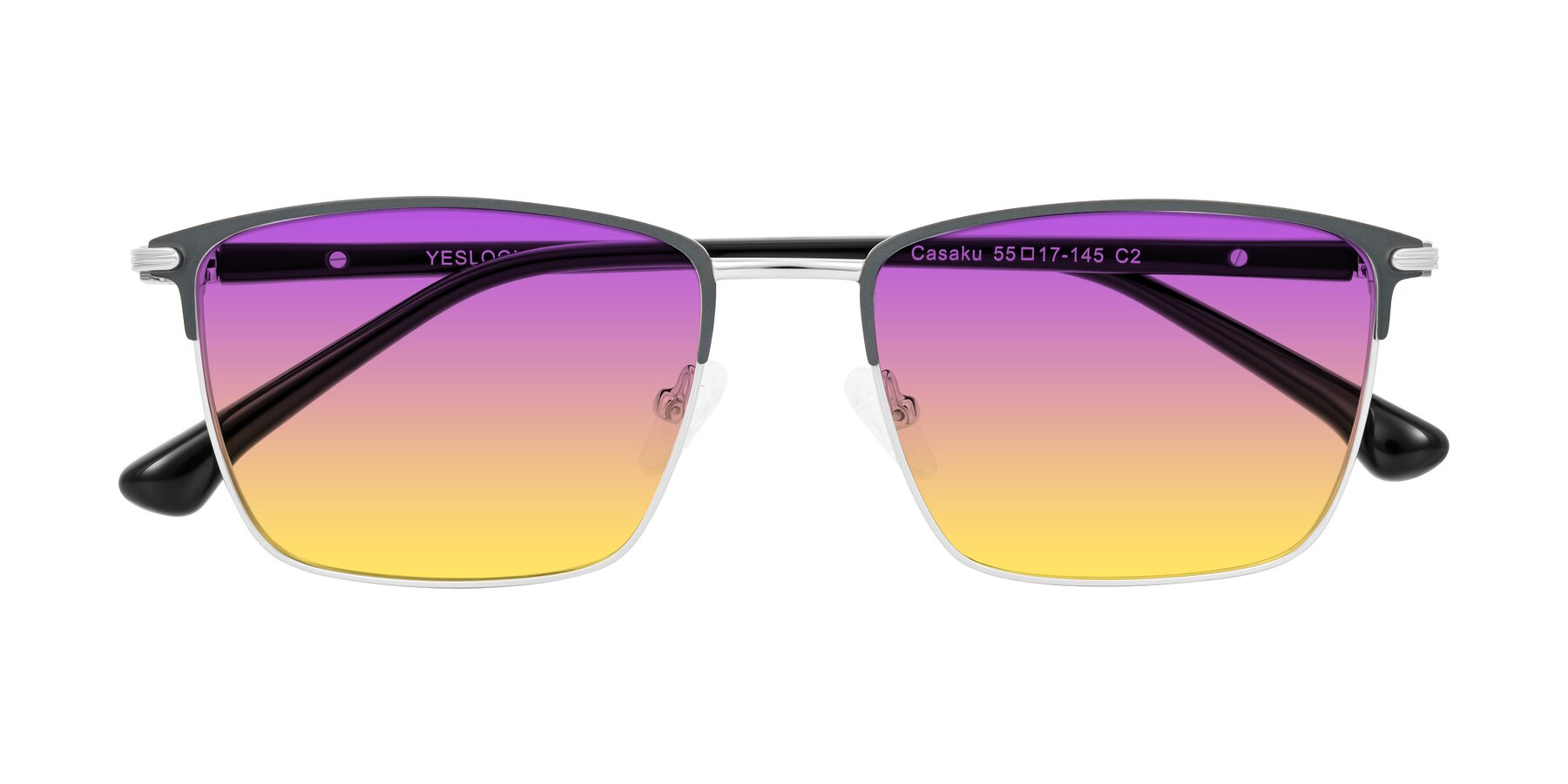 Folded Front of Casaku in Dark Gray/Silver with Purple / Yellow Gradient Lenses