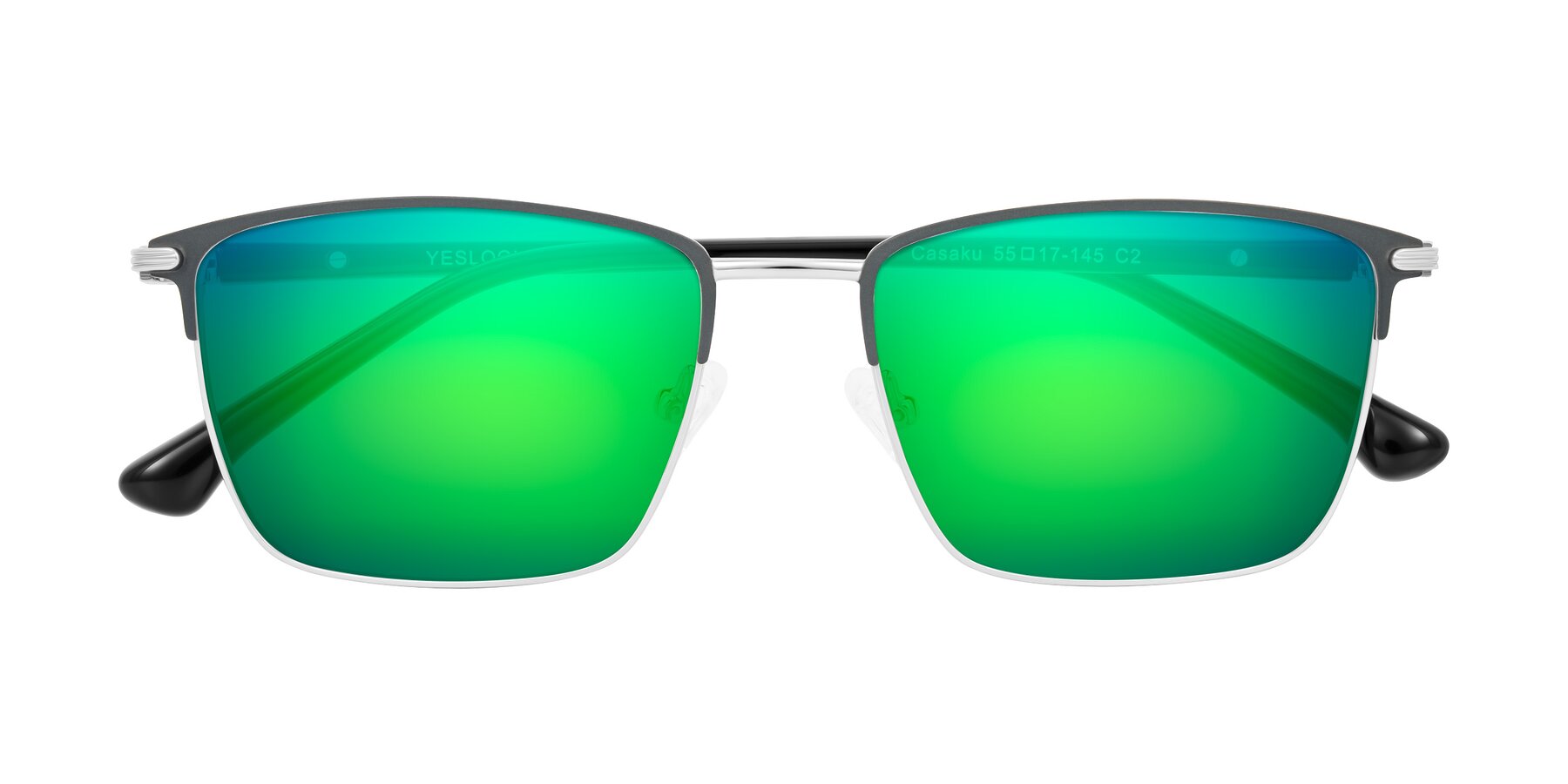 Folded Front of Casaku in Dark Gray/Silver with Green Mirrored Lenses
