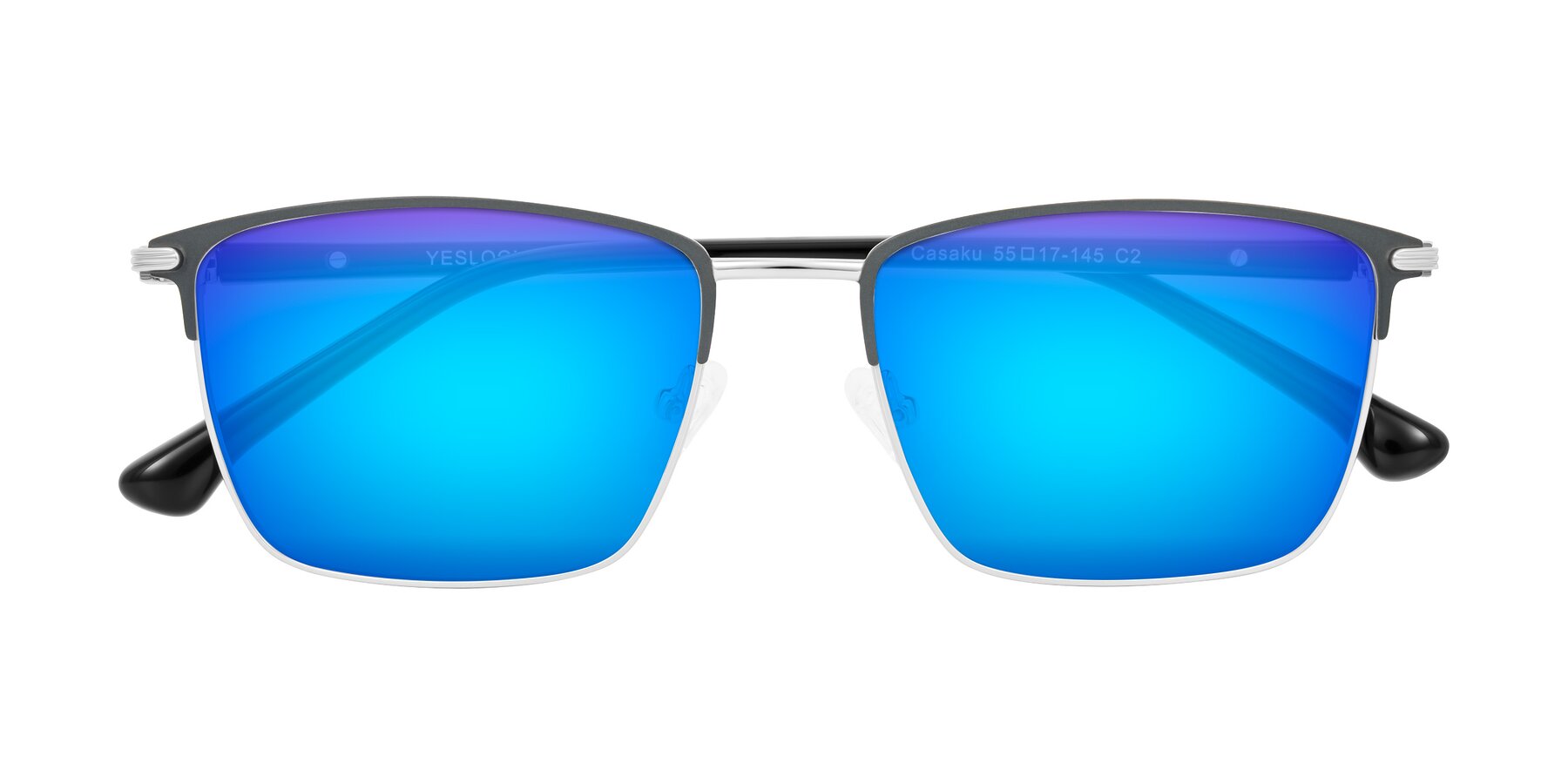 Folded Front of Casaku in Dark Gray/Silver with Blue Mirrored Lenses