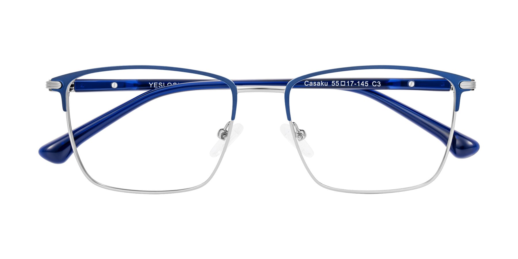 Folded Front of Casaku in Blue/Silver with Clear Eyeglass Lenses