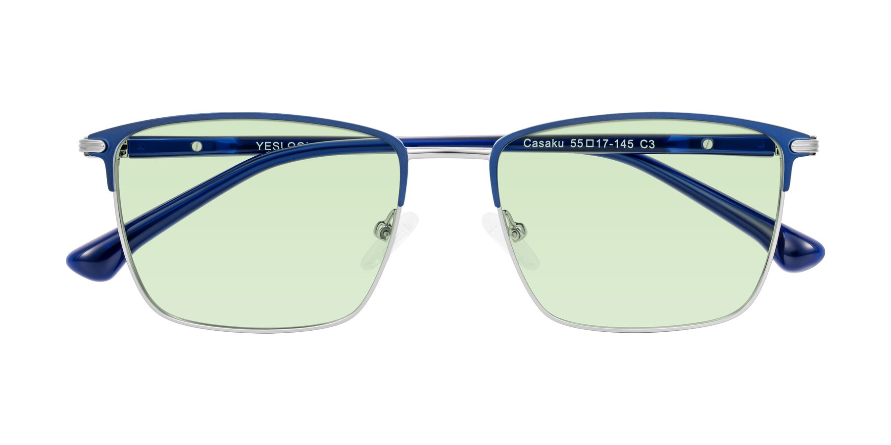 Folded Front of Casaku in Blue/Silver with Light Green Tinted Lenses