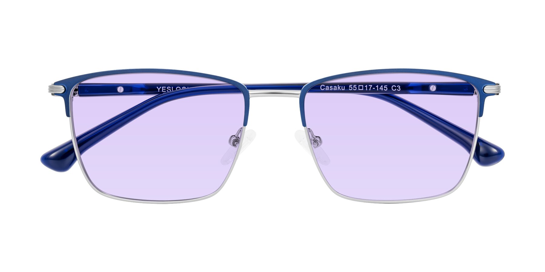 Folded Front of Casaku in Blue/Silver with Light Purple Tinted Lenses
