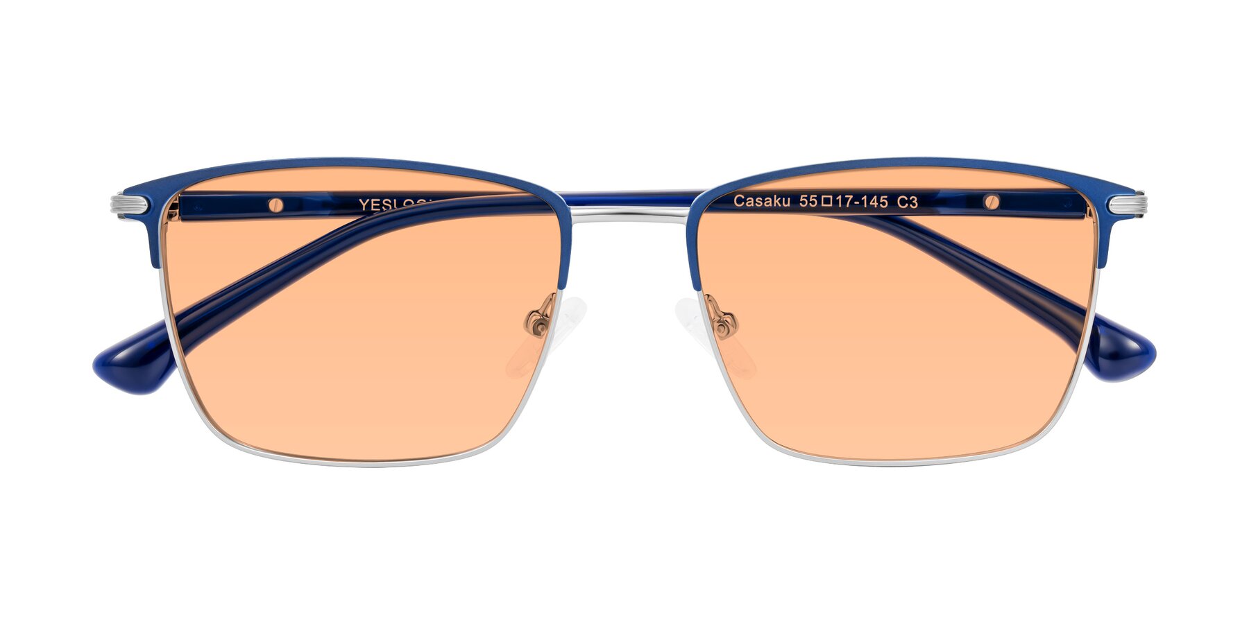 Folded Front of Casaku in Blue/Silver with Light Orange Tinted Lenses