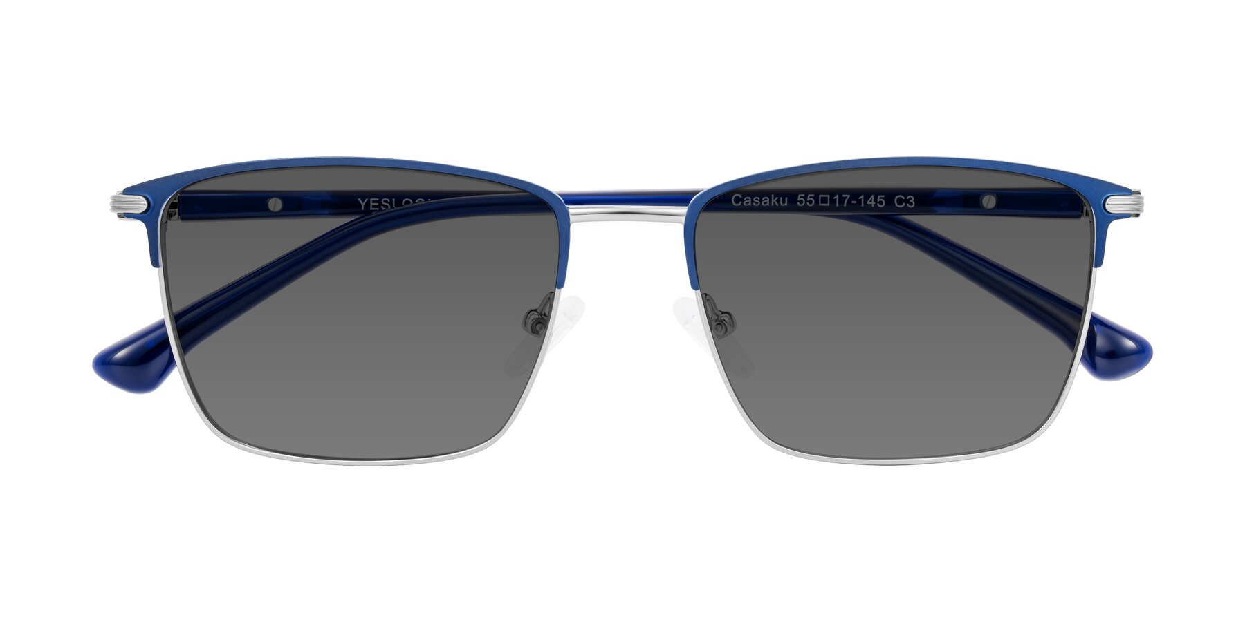 Folded Front of Casaku in Blue/Silver with Medium Gray Tinted Lenses