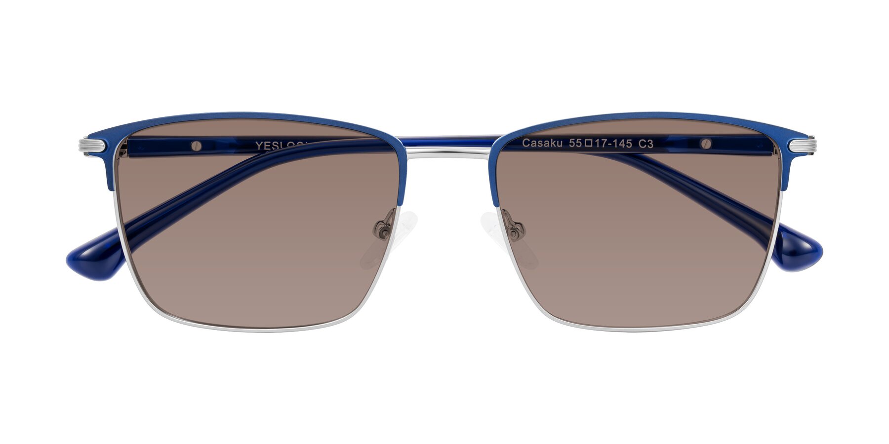Folded Front of Casaku in Blue/Silver with Medium Brown Tinted Lenses