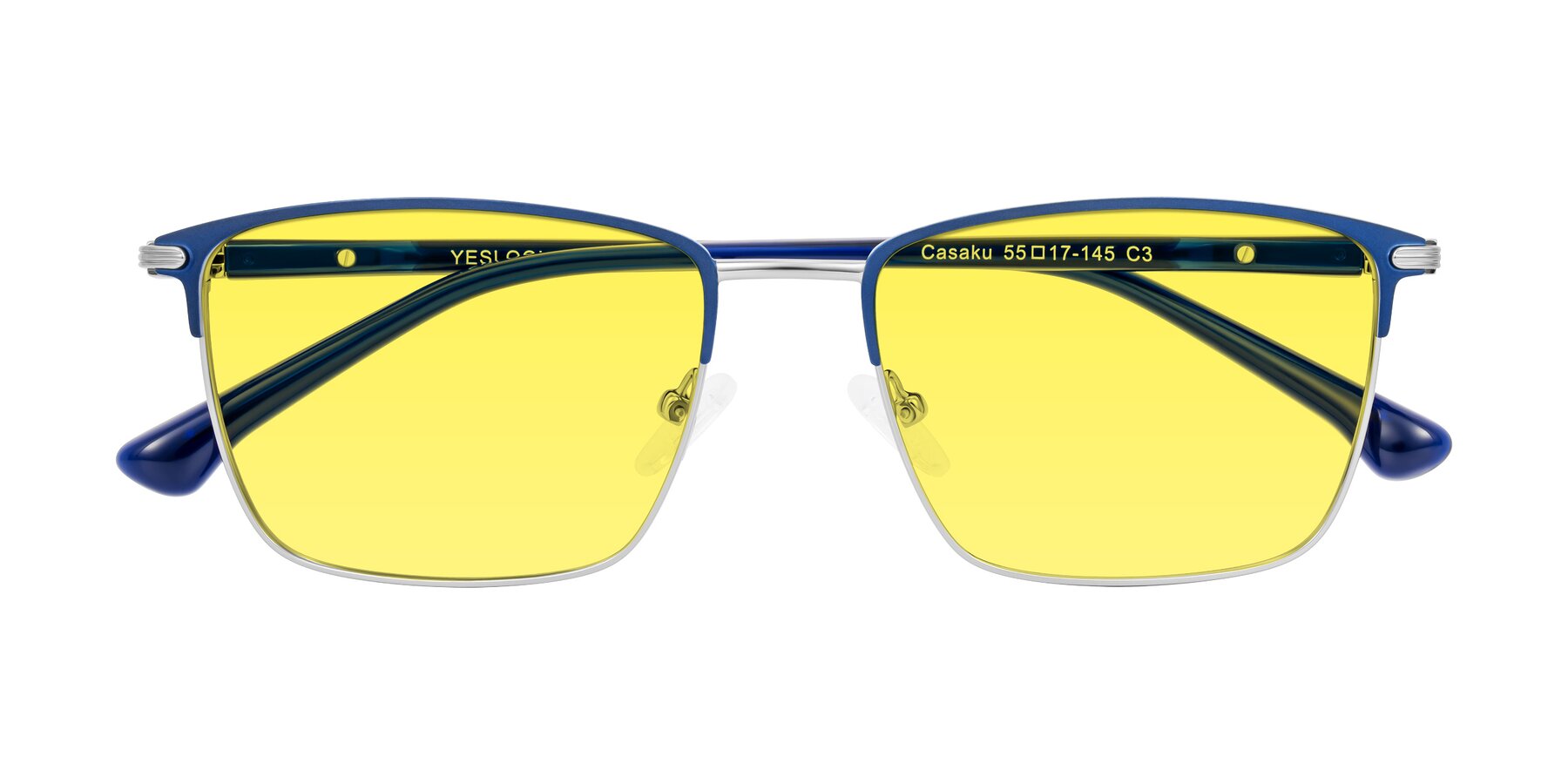 Folded Front of Casaku in Blue/Silver with Medium Yellow Tinted Lenses