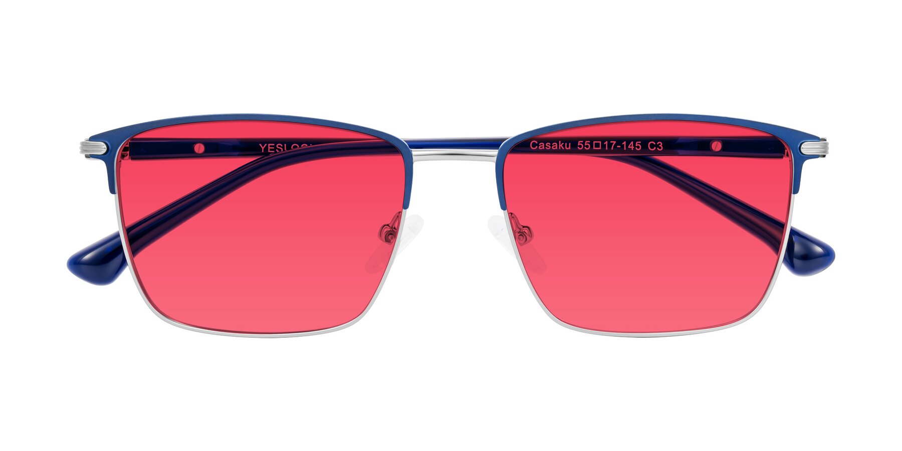 Folded Front of Casaku in Blue/Silver with Red Tinted Lenses