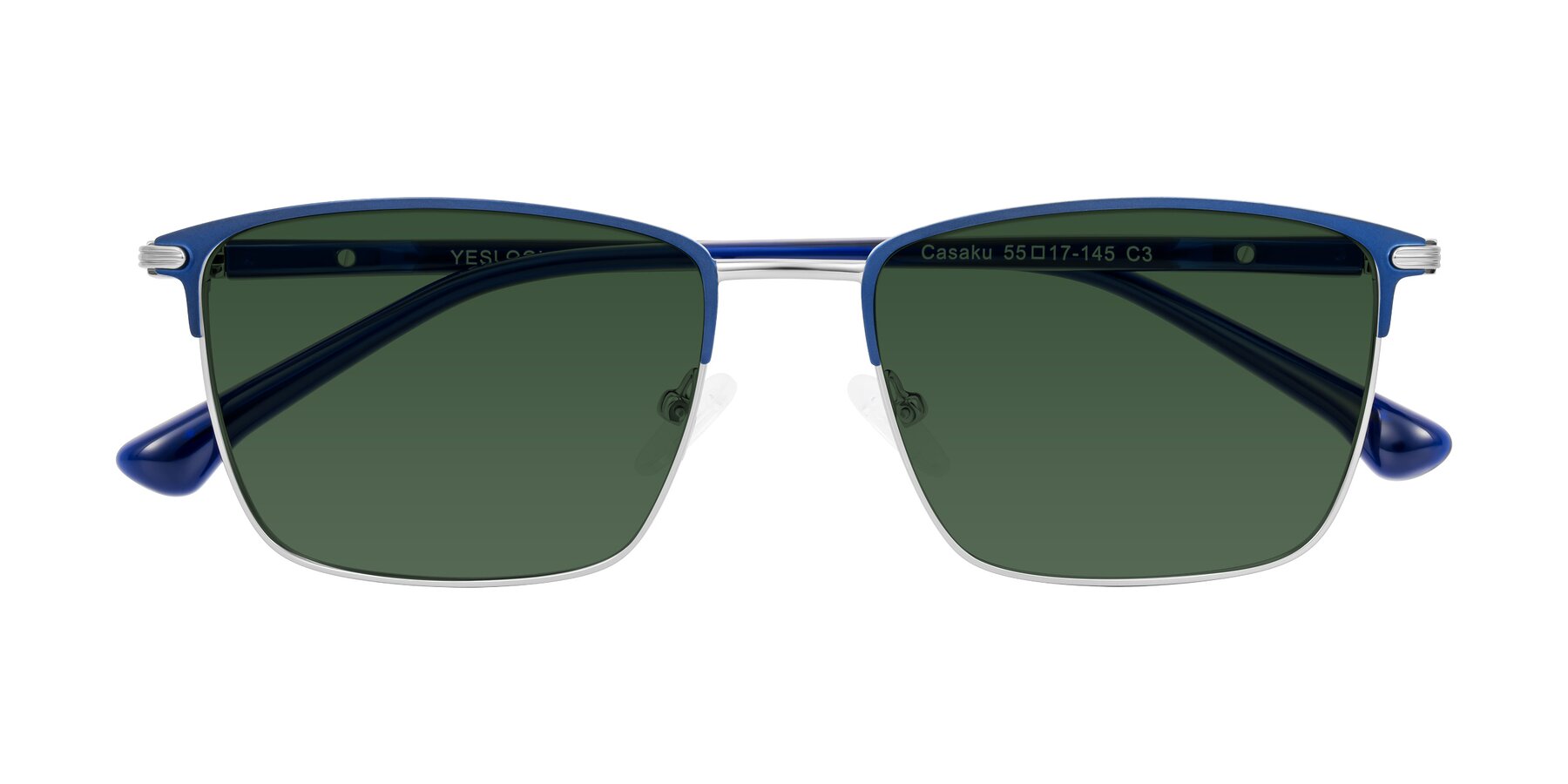Folded Front of Casaku in Blue/Silver with Green Tinted Lenses