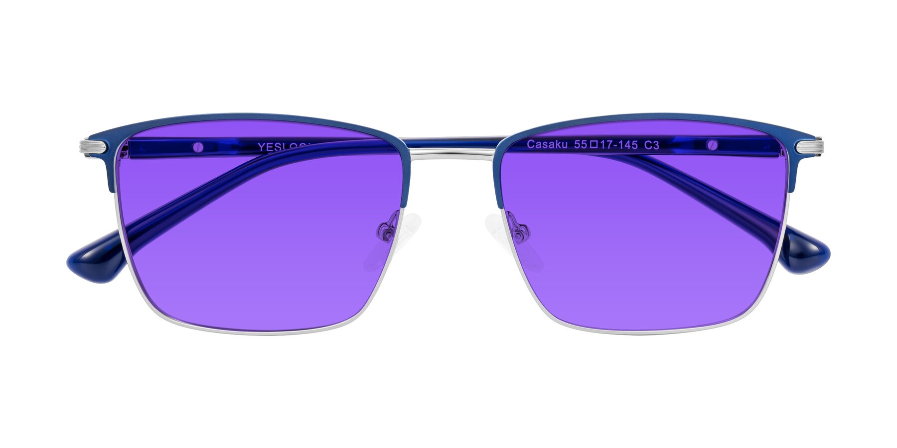Folded Front of Casaku in Blue/Silver with Purple Tinted Lenses