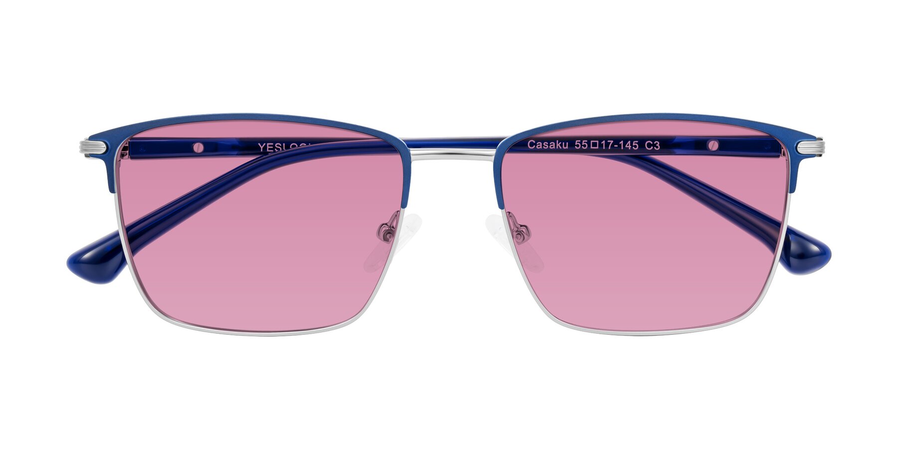 Folded Front of Casaku in Blue/Silver with Medium Wine Tinted Lenses