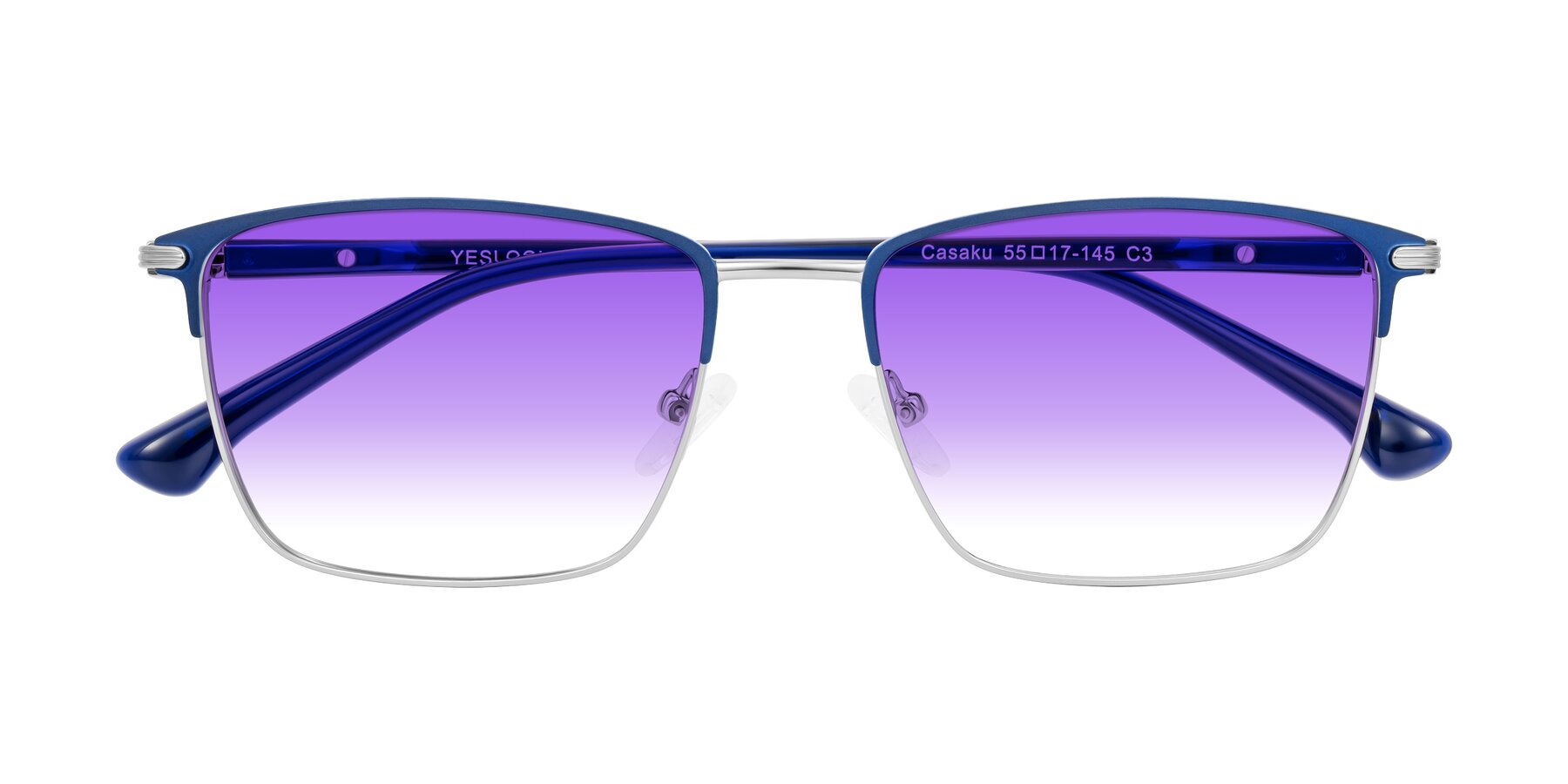 Folded Front of Casaku in Blue/Silver with Purple Gradient Lenses