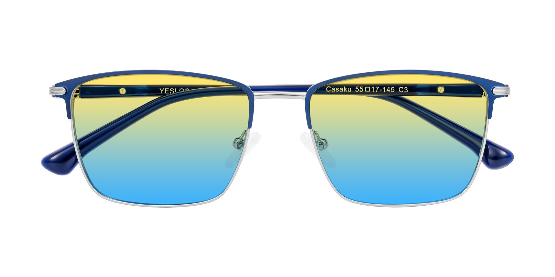 Folded Front of Casaku in Blue/Silver with Yellow / Blue Gradient Lenses