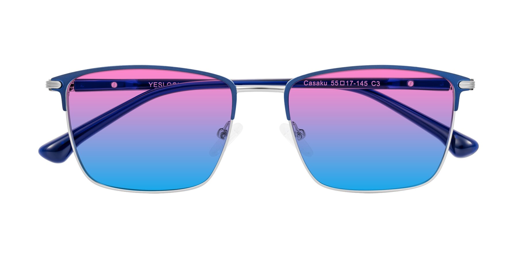 Folded Front of Casaku in Blue/Silver with Pink / Blue Gradient Lenses