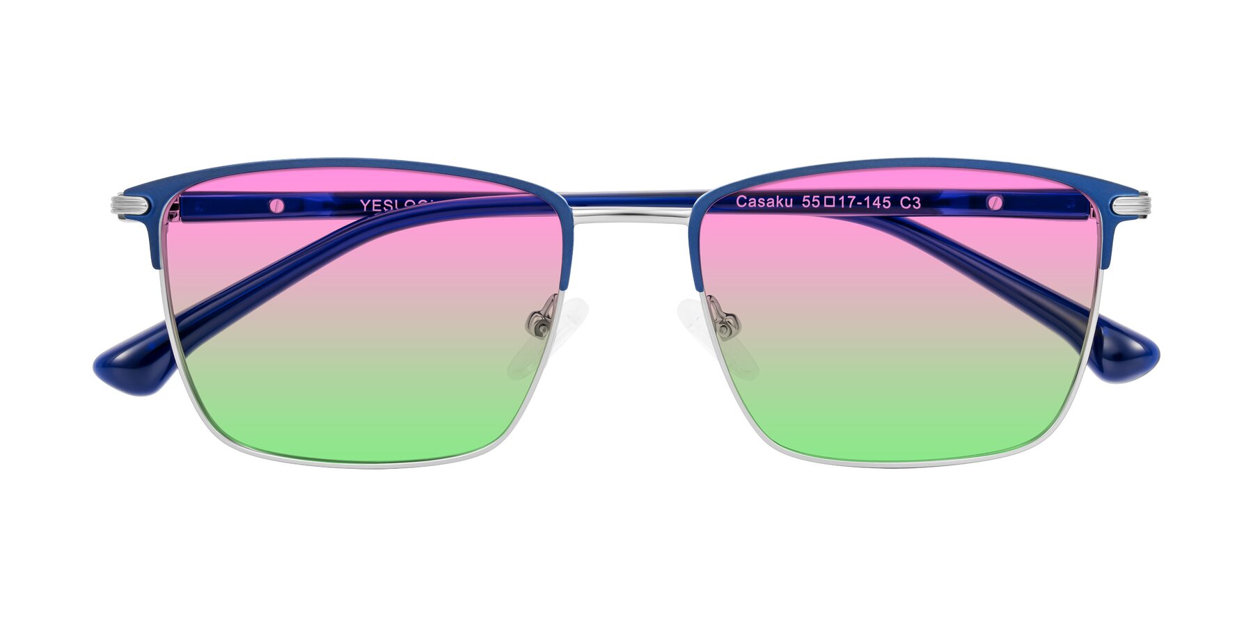 Folded Front of Casaku in Blue/Silver with Pink / Green Gradient Lenses