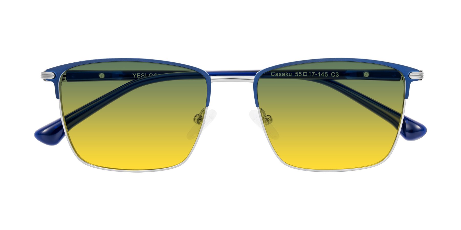 Folded Front of Casaku in Blue/Silver with Green / Yellow Gradient Lenses