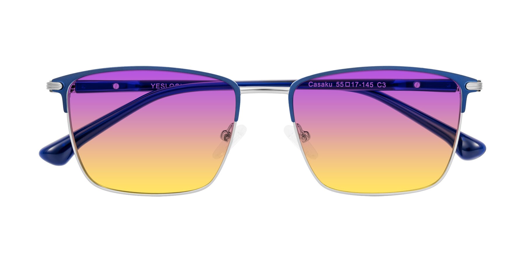 Folded Front of Casaku in Blue/Silver with Purple / Yellow Gradient Lenses