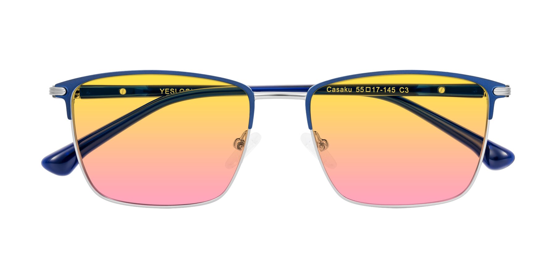 Folded Front of Casaku in Blue/Silver with Yellow / Pink Gradient Lenses