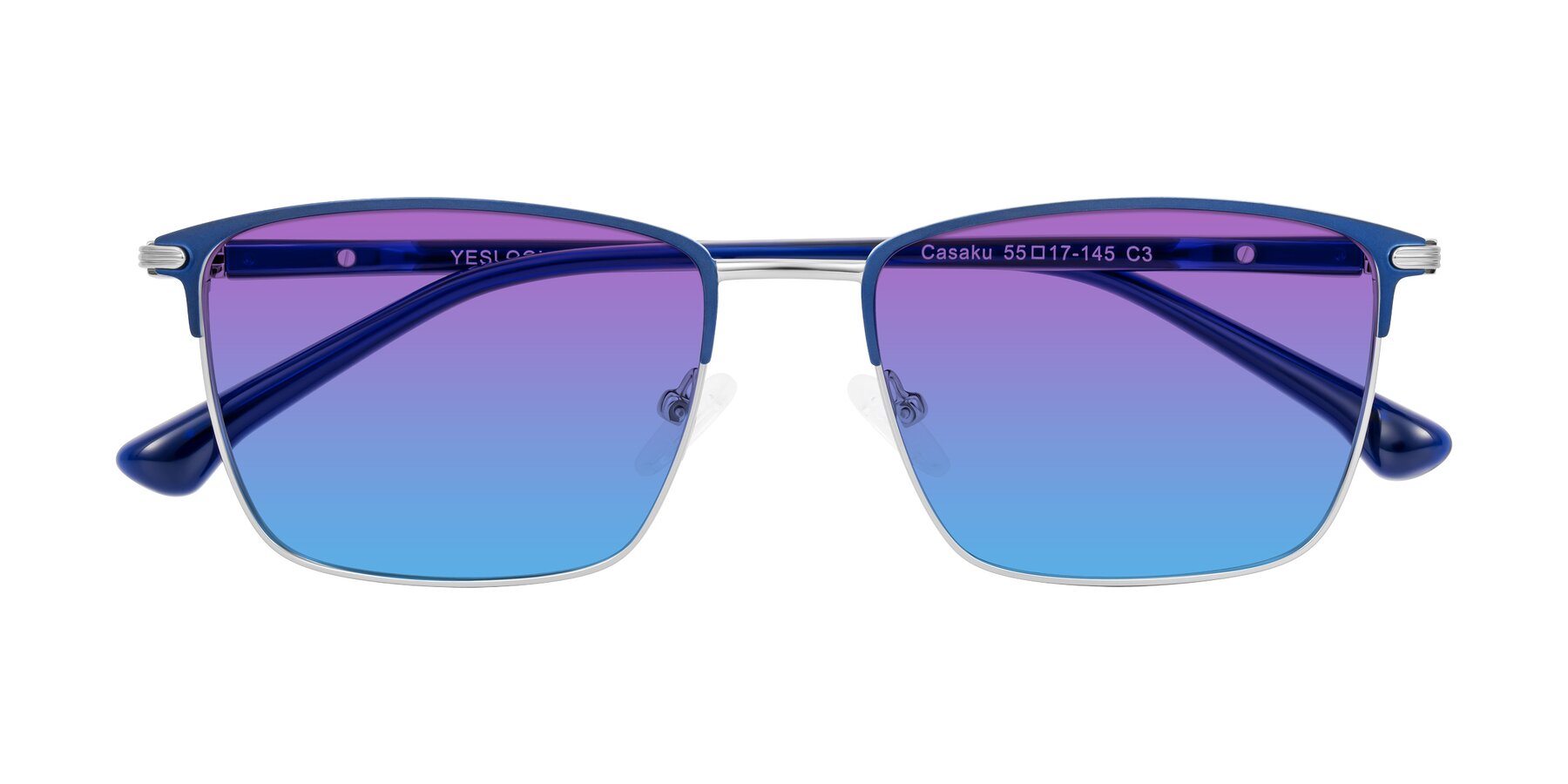 Folded Front of Casaku in Blue/Silver with Purple / Blue Gradient Lenses