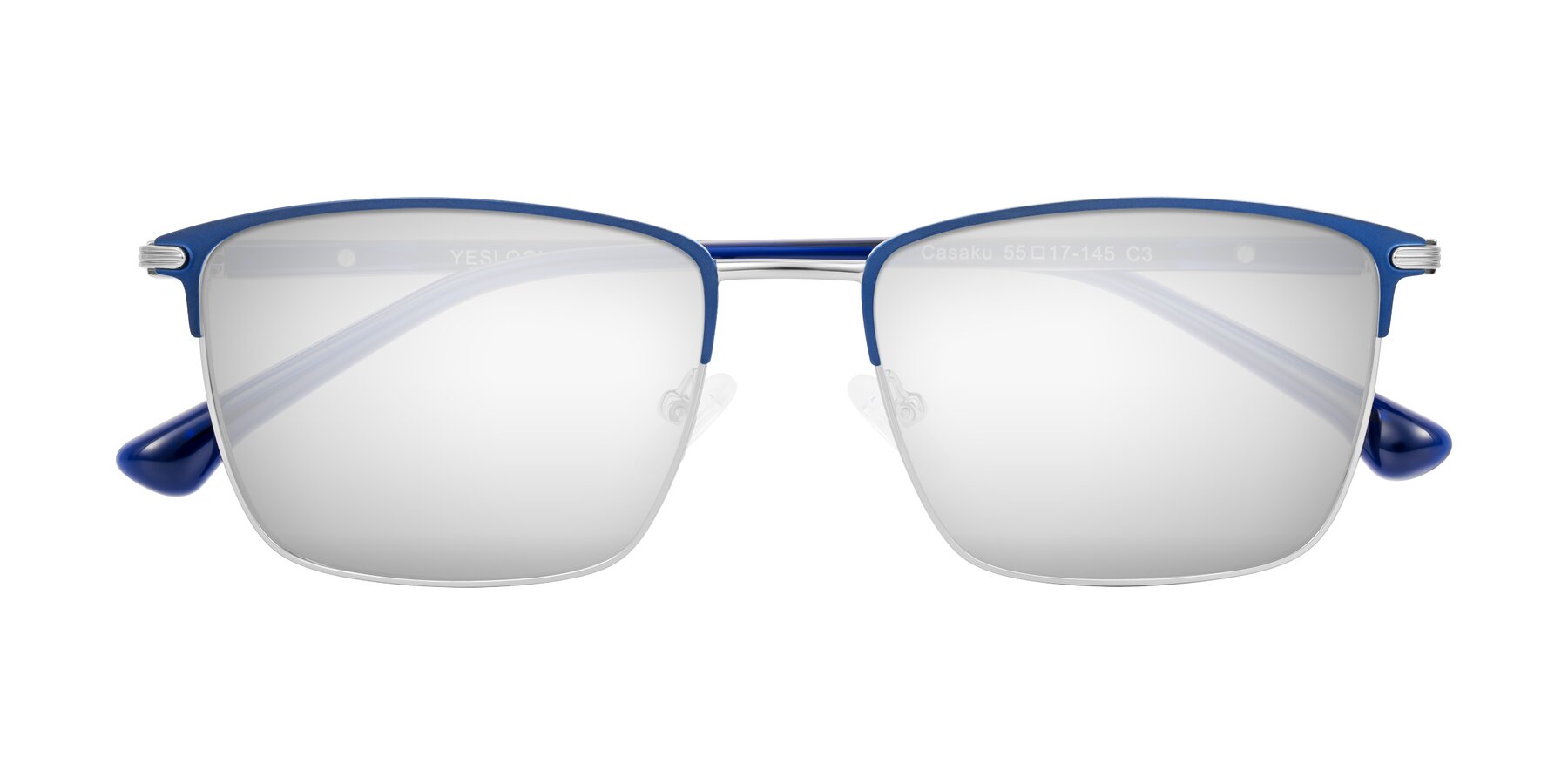 Folded Front of Casaku in Blue/Silver with Silver Mirrored Lenses