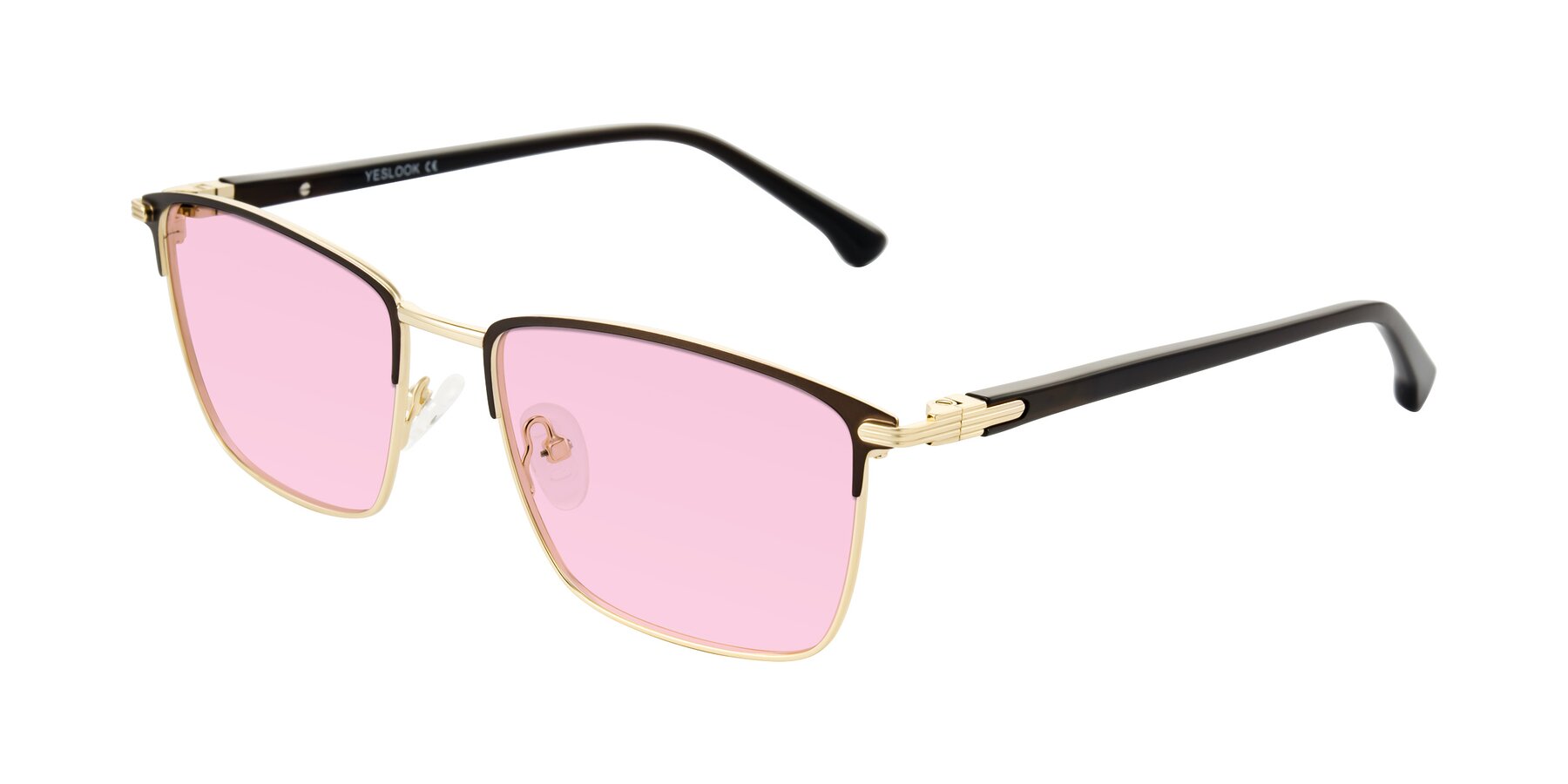 Angle of Casaku in Coffee/Gold with Light Pink Tinted Lenses