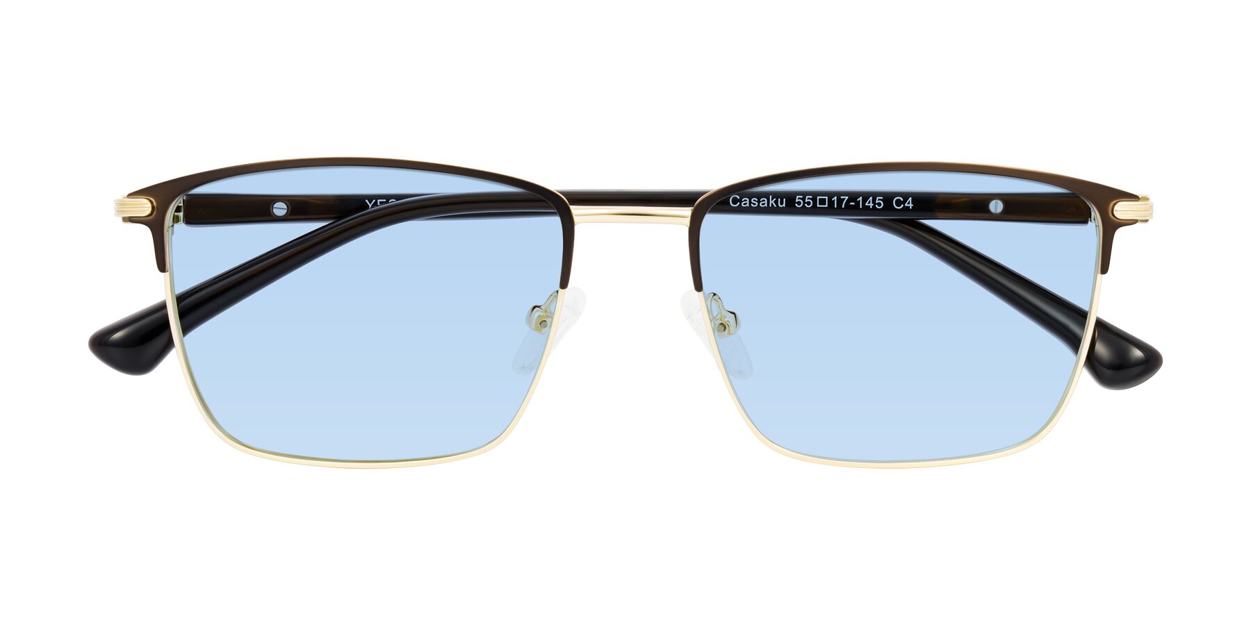 Folded Front of Casaku in Coffee/Gold with Light Blue Tinted Lenses