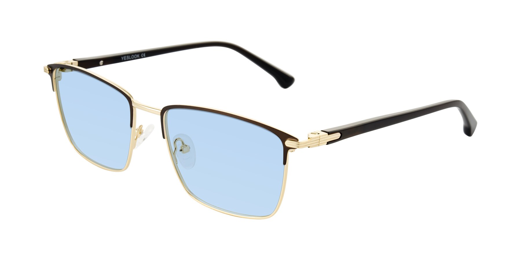 Angle of Casaku in Coffee/Gold with Light Blue Tinted Lenses