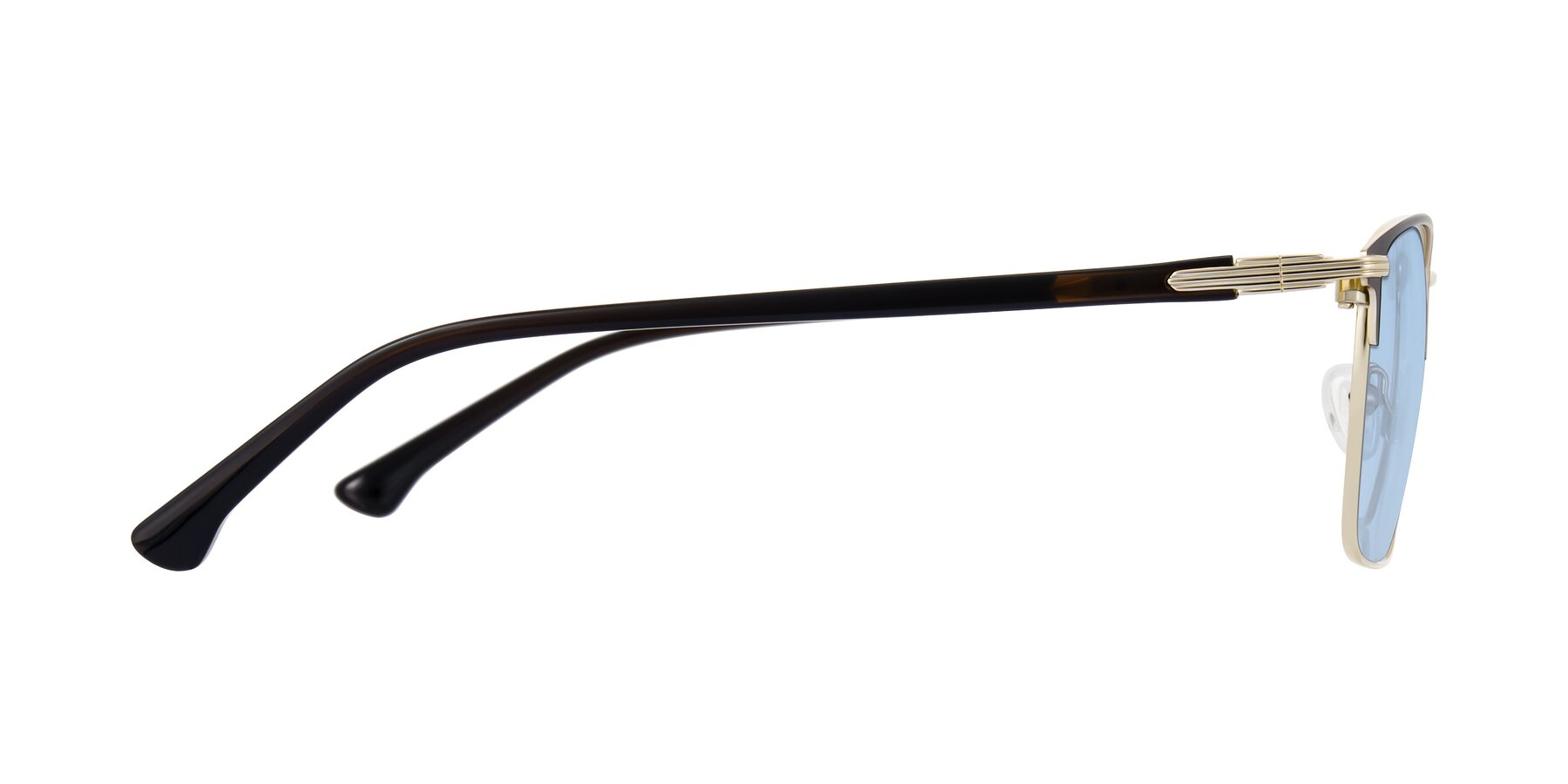 Side of Casaku in Coffee/Gold with Light Blue Tinted Lenses