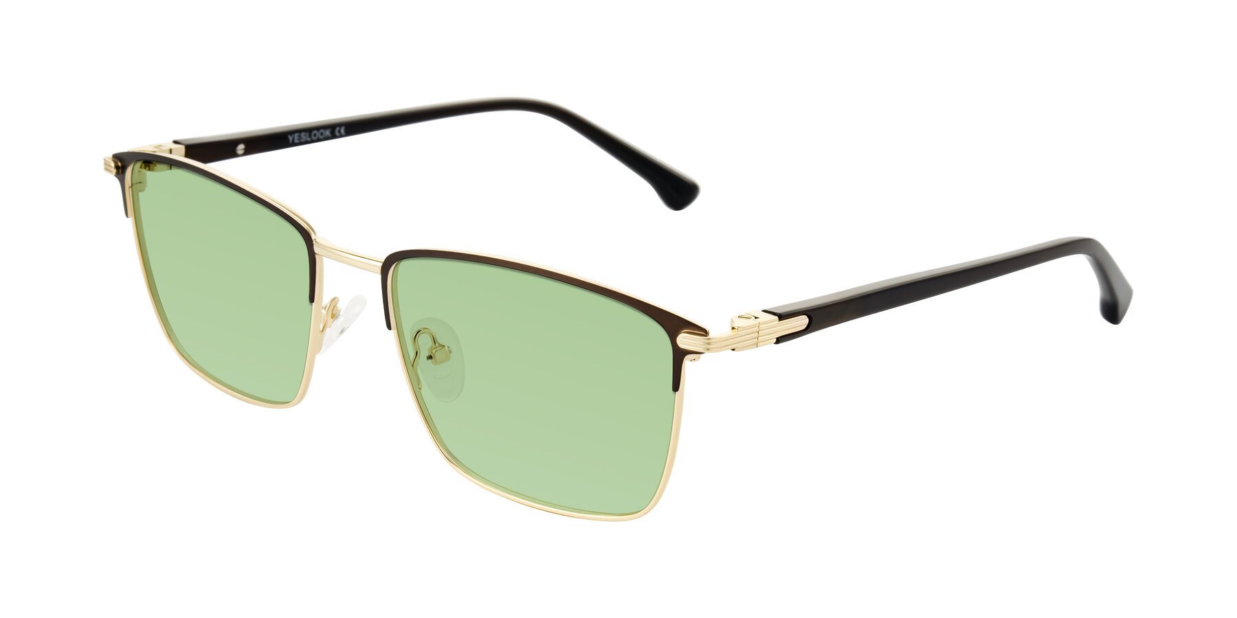 Angle of Casaku in Coffee/Gold with Medium Green Tinted Lenses