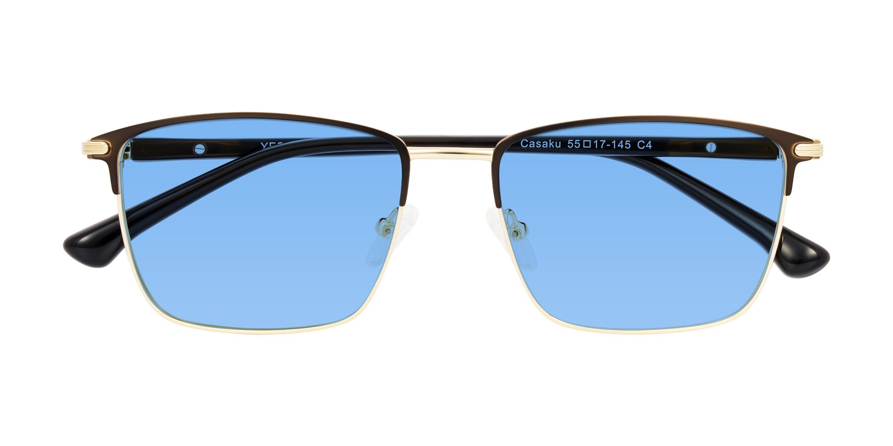 Folded Front of Casaku in Coffee/Gold with Medium Blue Tinted Lenses