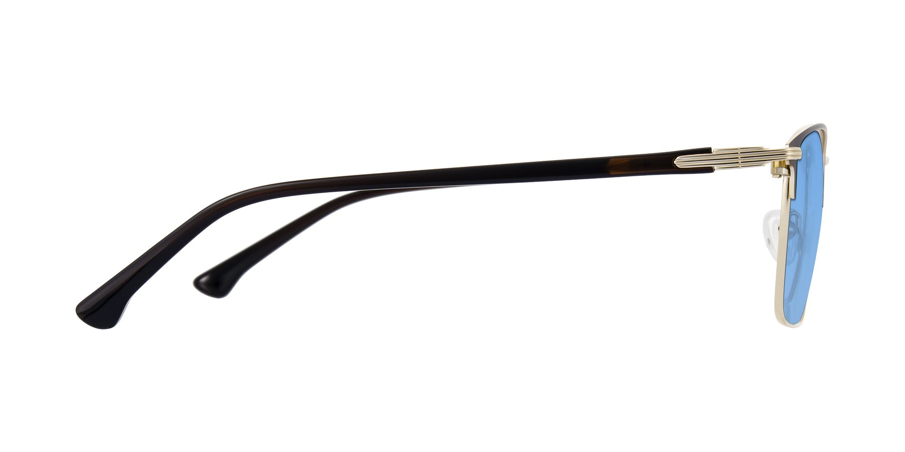 Side of Casaku in Coffee/Gold with Medium Blue Tinted Lenses